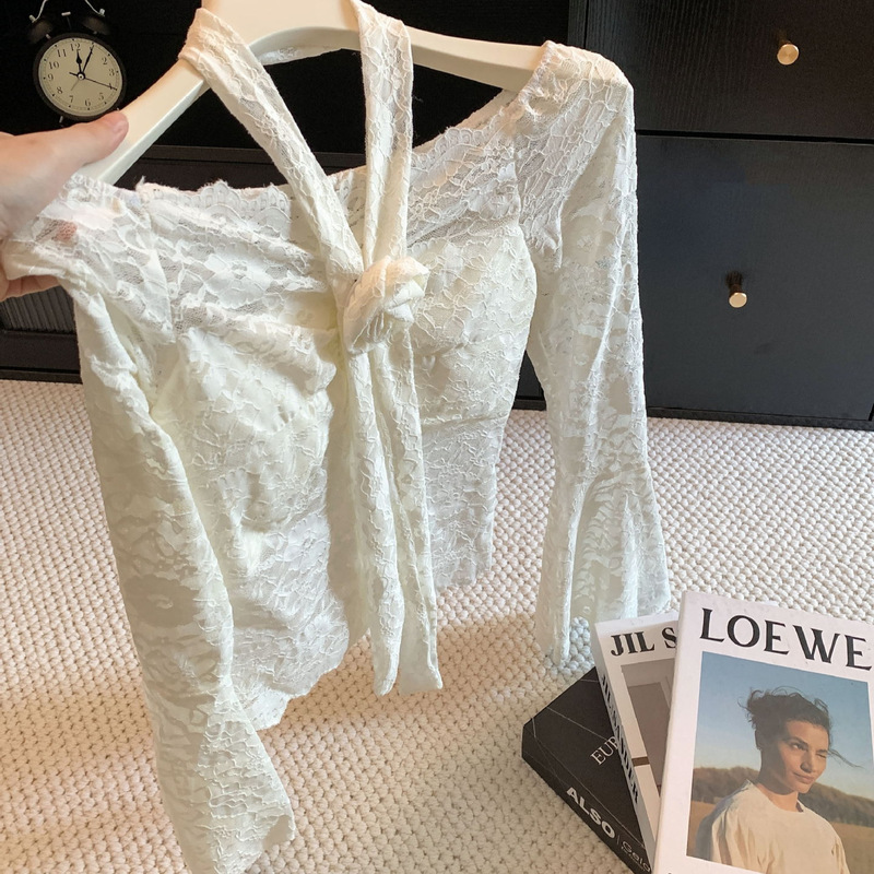 Early autumn pure desire style lace off-shoulder long-sleeve blouse for women, with a stylish waist-cinching design and ribbon accents