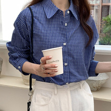 复古蓝色格子衬衫长袖女法式新款高级感上衣职业通勤百搭格纹衬衣