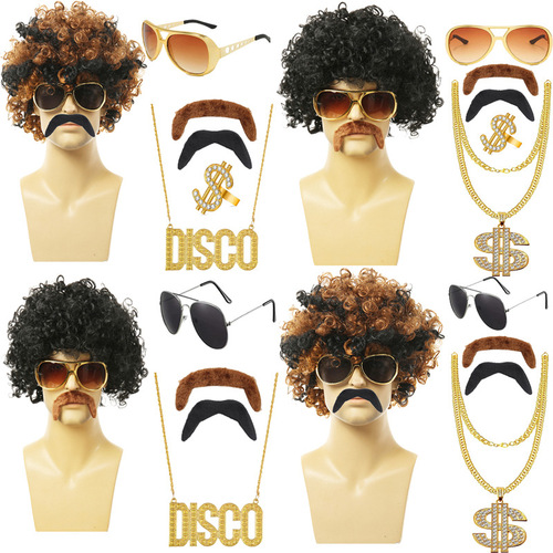 Halloween Disco Black Hair Hip Hop Men's Wig Brown Hair Punk DISCO Necklace Sunglasses