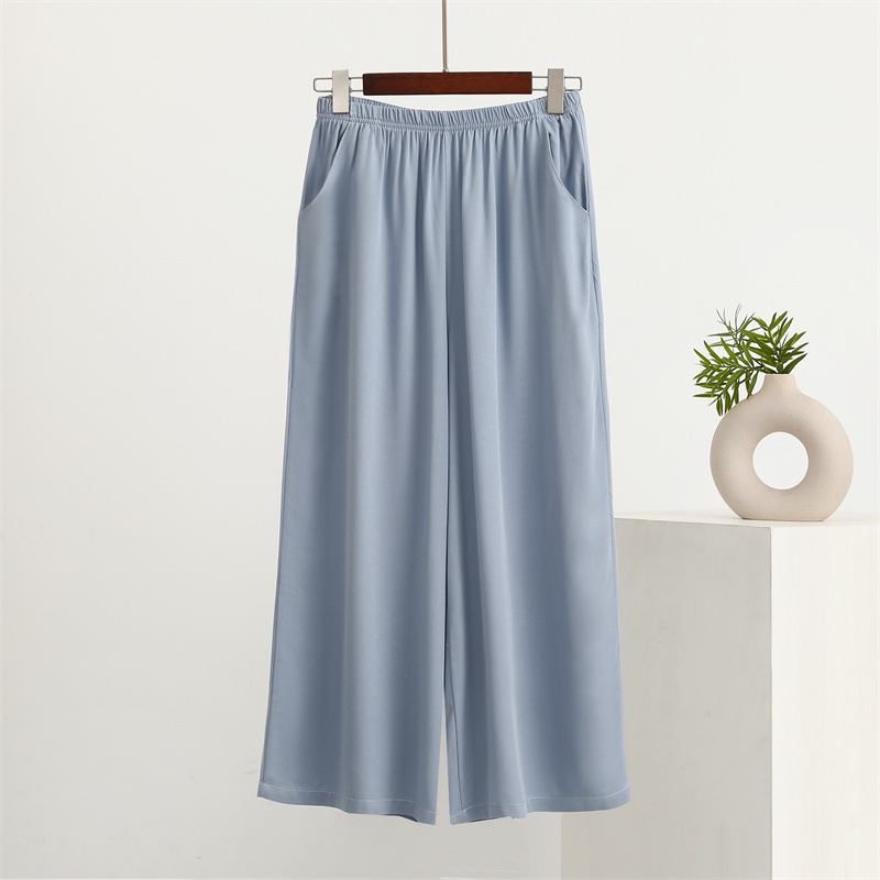 Summer Twill Cotton Women's Pants, Cropped Pants with Pockets, Solid Color, Cool Rayon Wide-Leg Pants, Thin Casual Pants Summer Twill Cotton Women's Pants, Cropped Pants with Pockets, Solid Color, Cool Rayon Wide-Leg Pants, Thin Casual Pants