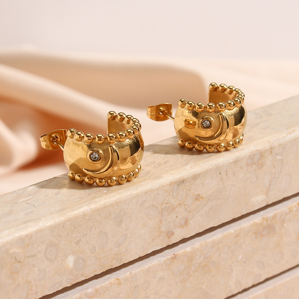 Fashion Geometric Retro 18K Gold Moon Zircon Thick Stainless Steel Earrings