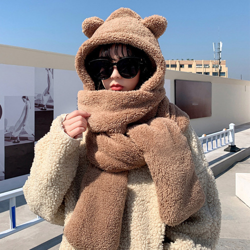 Cute Bear Hat Fleece Scarf for Women - Winter Set of 3 (Includes Cap, Gloves, and Ear Hood) for Warmth