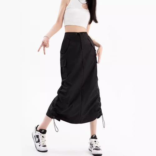 American-style cool and trendy girl's quick-drying, wrinkle-resistant drawstring work skirt—summer vintage loose-fitting casual straight-leg skirt with a back slit.
