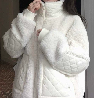 韩系设计感绗缝拼接仿羊羔毛外套女秋冬款2025新款保暖菱格棉服女
