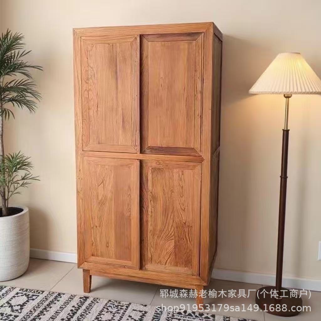 老榆木家具衣柜实木靠墙橱柜新中式带抽屉中式立式储物柜实木家具
