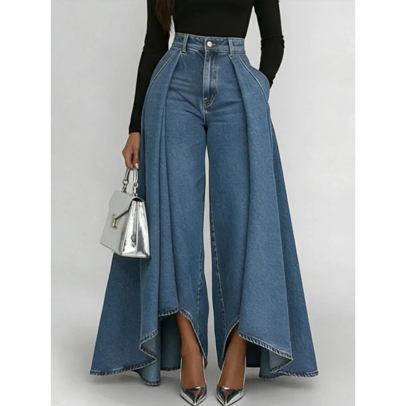 2026 New Amazon Independent Site Long Hem Solid Color Casual Faux Denim Printed Button Straight Pants