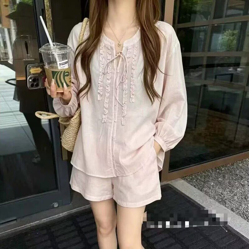 Ruffled Edge Patchwork Long-Sleeve Linen Sun-Protective Shirt + High-Waisted Shorts Two-Piece Set for Women, 2026 Summer New Style