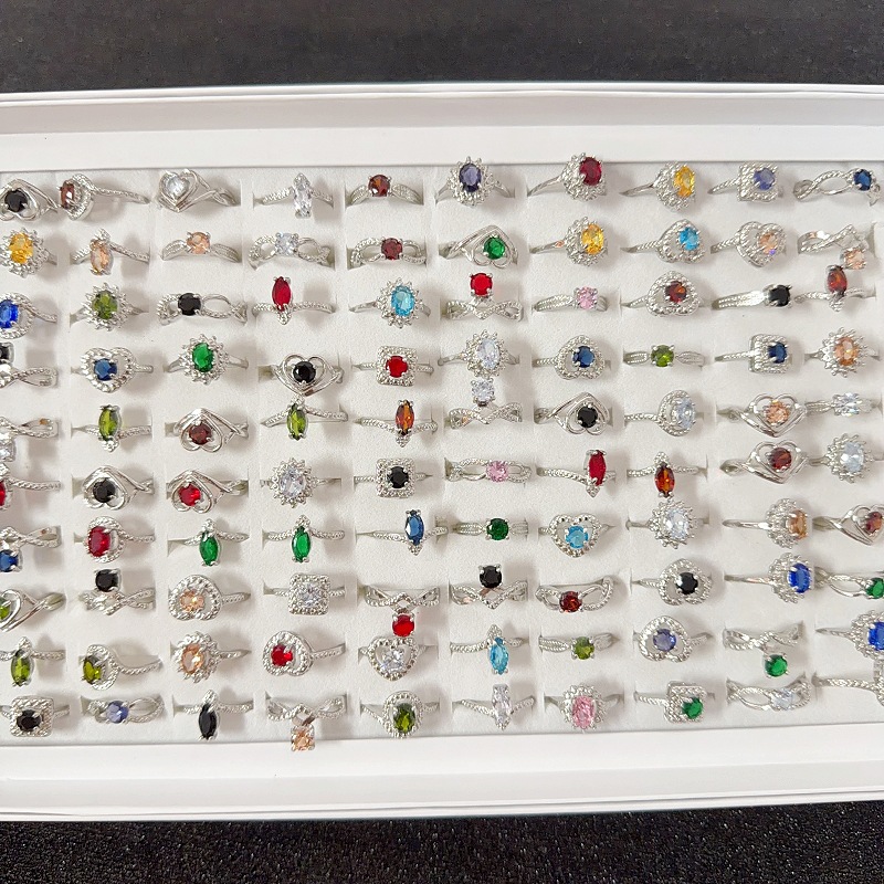 Hot-Selling European and American Cross-Border Colorful Alloy Glass Rings Wholesale Fashion Versatile 2 Yuan Store Heart Oval Rings for Women