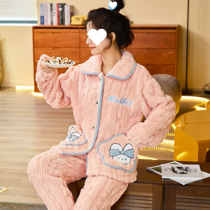 따뜻한 토끼 겨울 잠옷 여성의 새로운 두꺼운 기모 산호 양털 옷깃 홈 옷 플란넬 플러스 사이즈 느슨한 버전