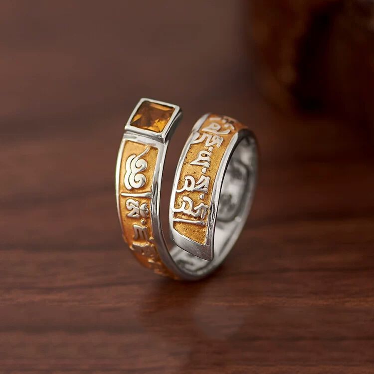 Retro Six-character Mantra Huang Caishen Heart Curse Geometric Ring Fashionable Personalized Men's and Women's Simple Open Index Finger Ring Retro Six-character Mantra Huang Caishen Heart Curse Geometric Ring Fashionable Personalized Men's and Women's Simple Open Index Finger Ring