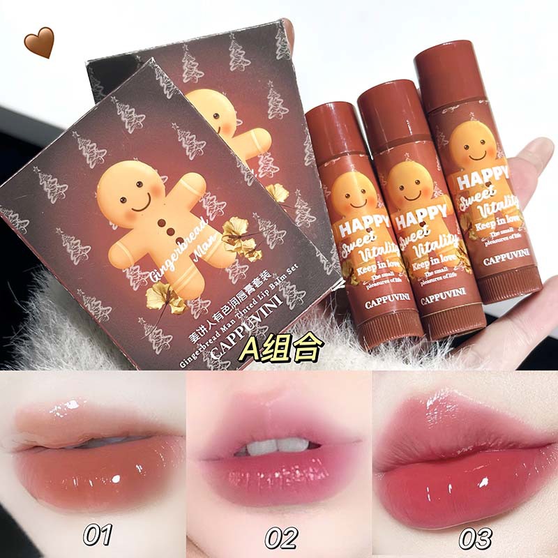 Cappuvini Gingerbread Man Juego de lápices labiales coloreados Hidratante, Hidratante, Nutre los labios, Cuidado de los labios, Raligera las líneas de los labios, Maquillaje transfronterizo
