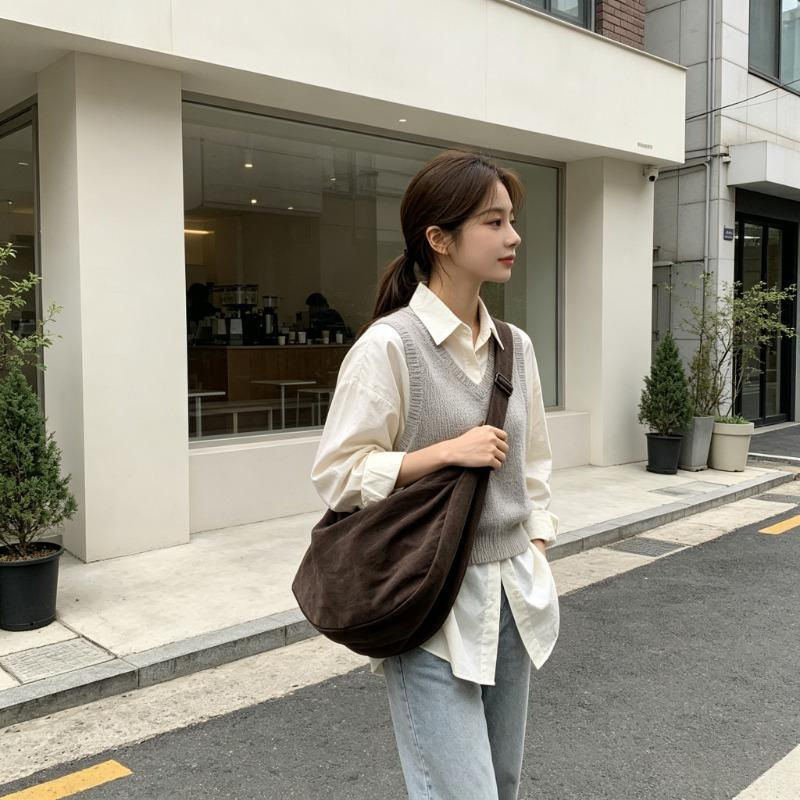 2024 New retro brown one-shoulder crossbody dumpling bag canvas women's bag niche lazy style