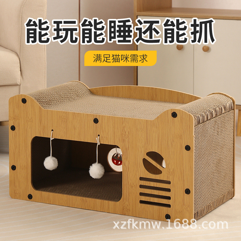 Casa de gatos de dos pisos casa de gatos nido de gato papel corrugado resistente al arañazo resistente a la mordedura no se caiga juguete de agarración de gato un cabello