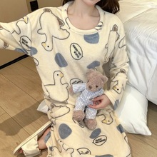 长袖 睡裙女冬天款法兰绒圆领网红风卡通软绵绵长裙加厚保暖睡衣