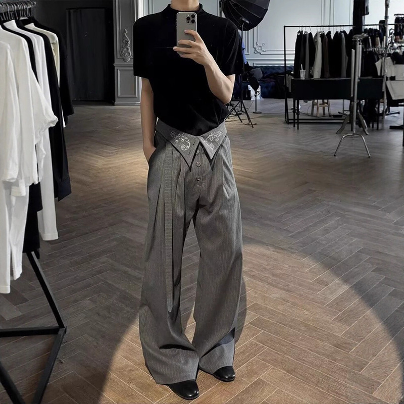Men's gray straight-leg casual wide-leg pants with pleated embroidery and a drapey feel, featuring a subtle flared design
