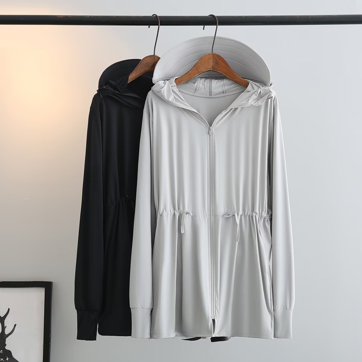 Plus Size Women's Summer Mid-Length Ice Silk Sun Protection Jacket, Slimming Waist, Casual Hooded UV Protection Jacket 5510