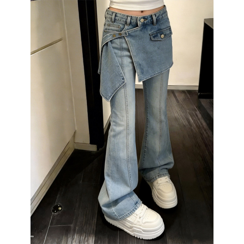 2026 Summer New Style Asymmetrical Patchwork Flared Jeans for Women, Fashionable and Elegant, Slim Fit Straight Wide-Leg Pants
