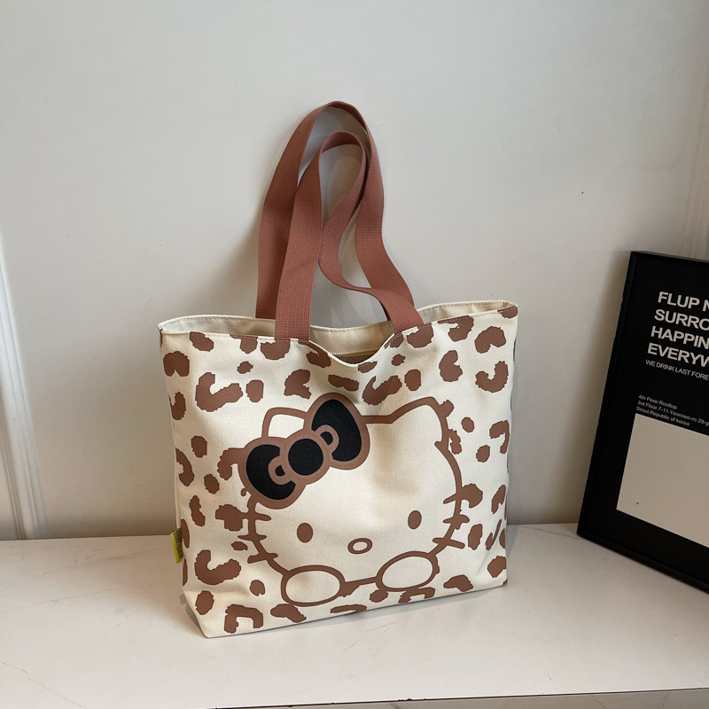 Fashionable Canvas Large Capacity Tote Bag Women's New Cute Leopard Print Cat Student All-match Class Commuter Shopping Bag