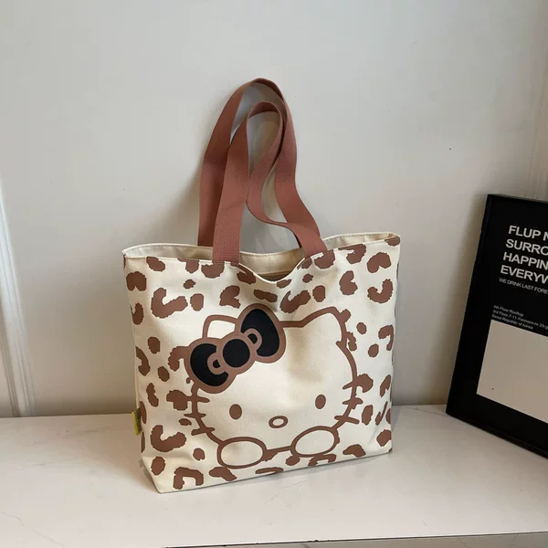 Fashionable Canvas Large Capacity Tote Bag Women's New Cute Leopard Print Cat Student All-match Class Commuter Shopping Bag
