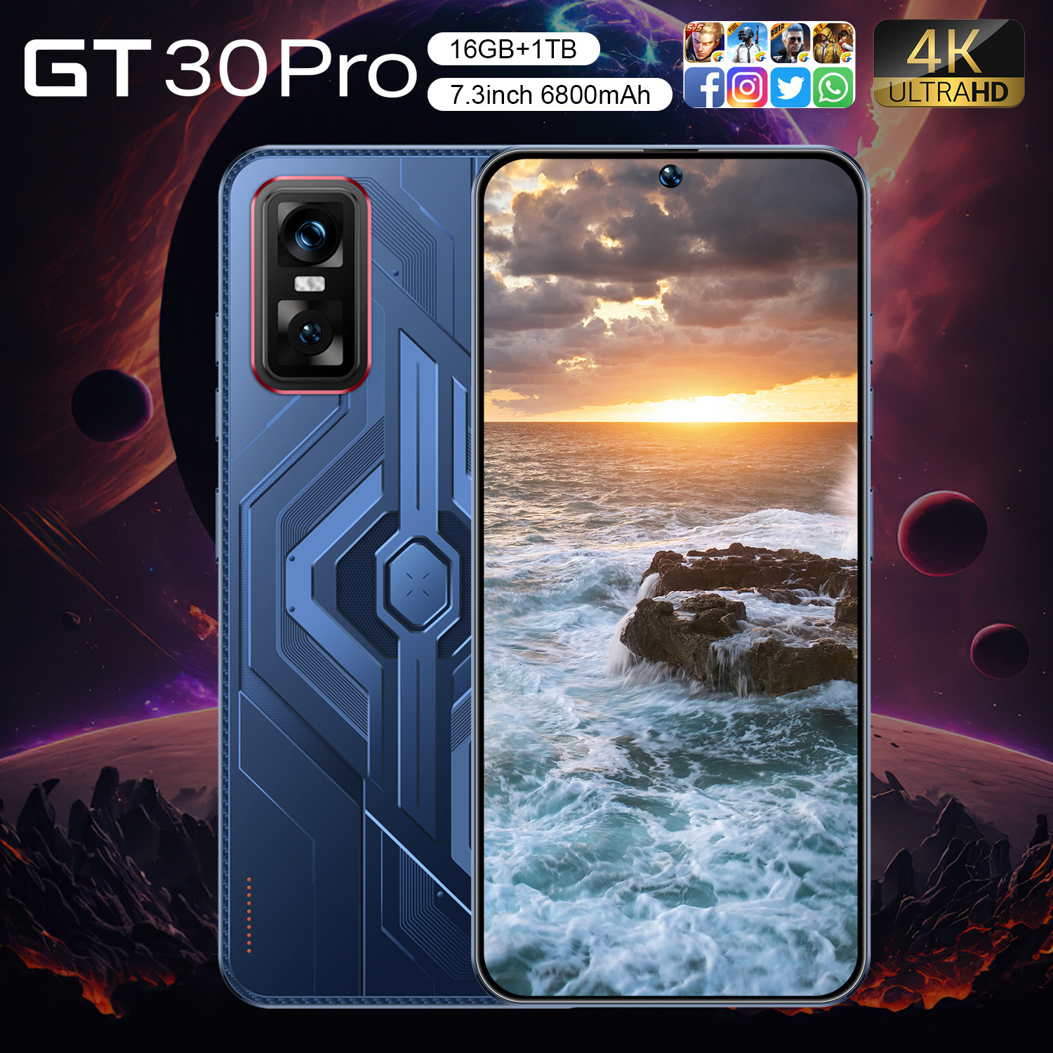 New Gt30Pro 7.3inch Cross-Border Mobile Phone 16+1t Supports Fast Charging Android Smart Wholesale 5g