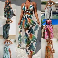 新款跨境系带抹胸泳衣网纱长裙分体三件套比基尼女泳装外贸bikini