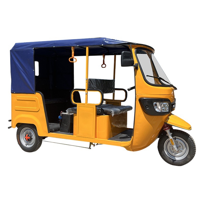 Triciclo eléctrico de pasajeros con parasol y toldo para el transporte de pasajeros, apto para exportación y uso comercial, a batería, de tres ruedas parcialmente.