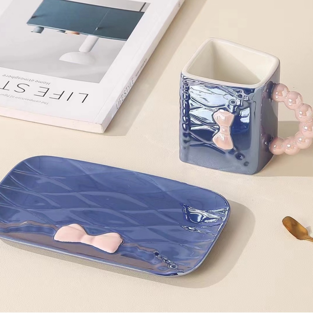 Creativa perla esmalte bolsa de cerámica taza y platillo combinación taza alta-mirada tarde té taza de café regalo personalizado taza