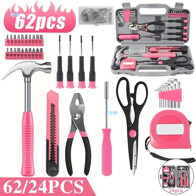 62/24PCS Of Pink Household Repair Tool Set, Equipped with