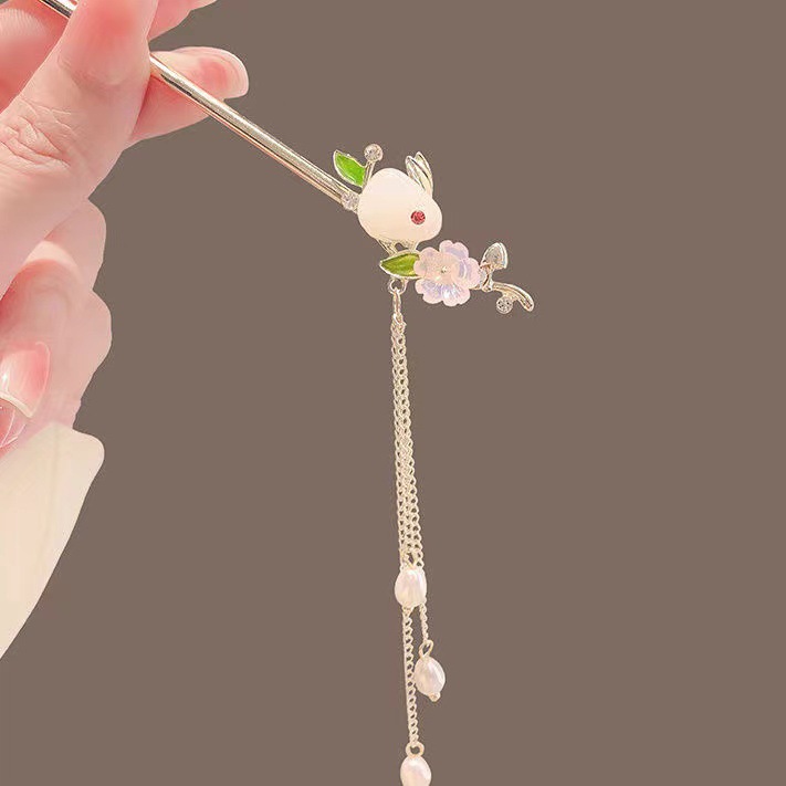 Jade conejo pinzas de cabello mujeres estilo antiguo tocado de ropa de estilo chino pasos de rotación Su jade pinzas de perlas niños lindos cheongsam nuevo pinzas de estilo chino