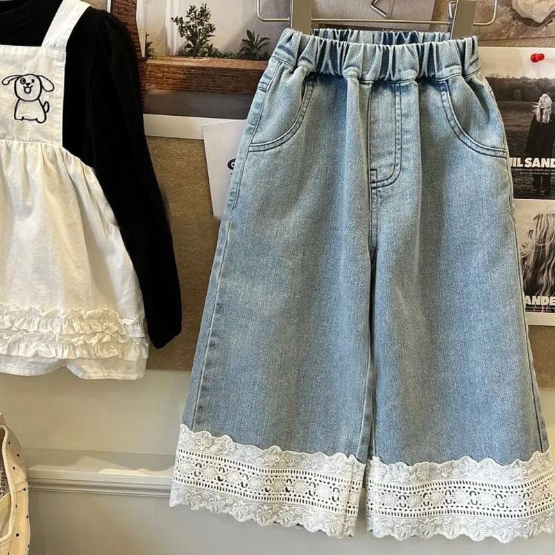 Children's Spring and Autumn Korean Style Girl's Jeans, Cute Baby Girls' Casual Lace Straight Leg Pants, Versatile Children's Long Pants
