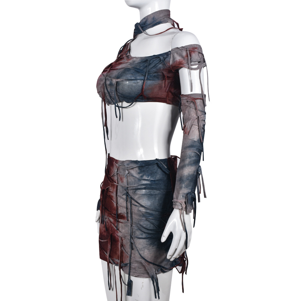 Tassel Ripped Contrast Color Sexy Cropped Tie Dyed Wansheng Set for Women