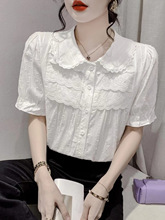 棉白色娃娃领衬衫女夏季年新款韩系气质甜美泡泡袖衬衣小衫