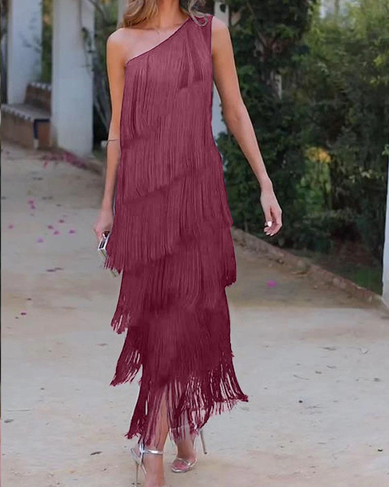 2024 Spring Summer New European And American Foreign Trade Fashion Tassel Asymmetric Off-Shoulder Dress Evening Gown_ecoleips.com