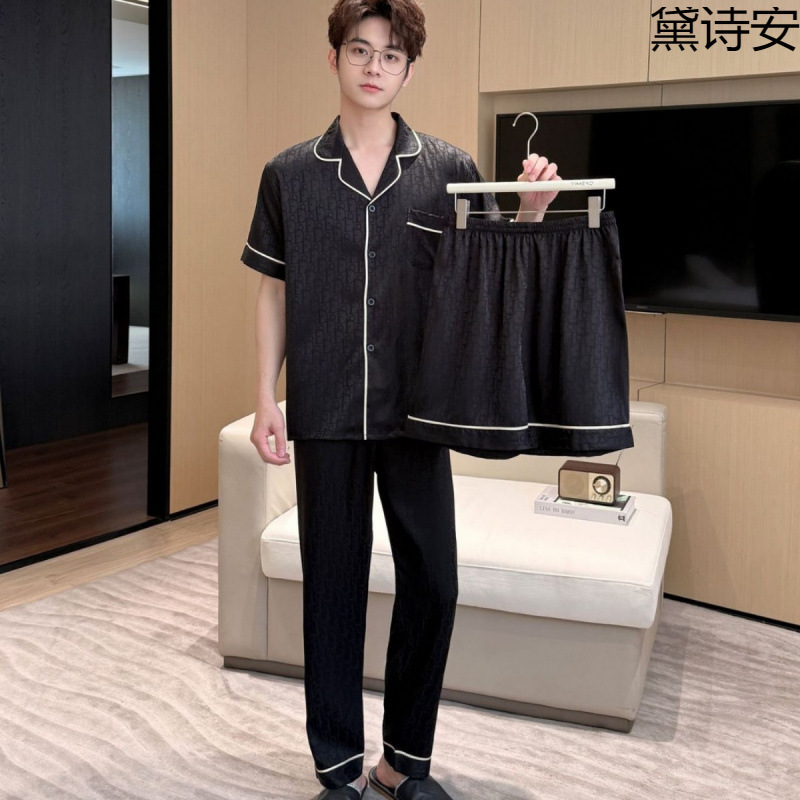 Daisian Men's Pajamas Spring Short-Sleeve Shorts Long Pants Ice Silk Thin Jacquard D Letter Three-Piece Home Wear Set