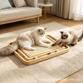 跨境木制猫抓板猫咪耐磨磨爪板宠物玩具实木逗猫带逗猫方形猫抓板