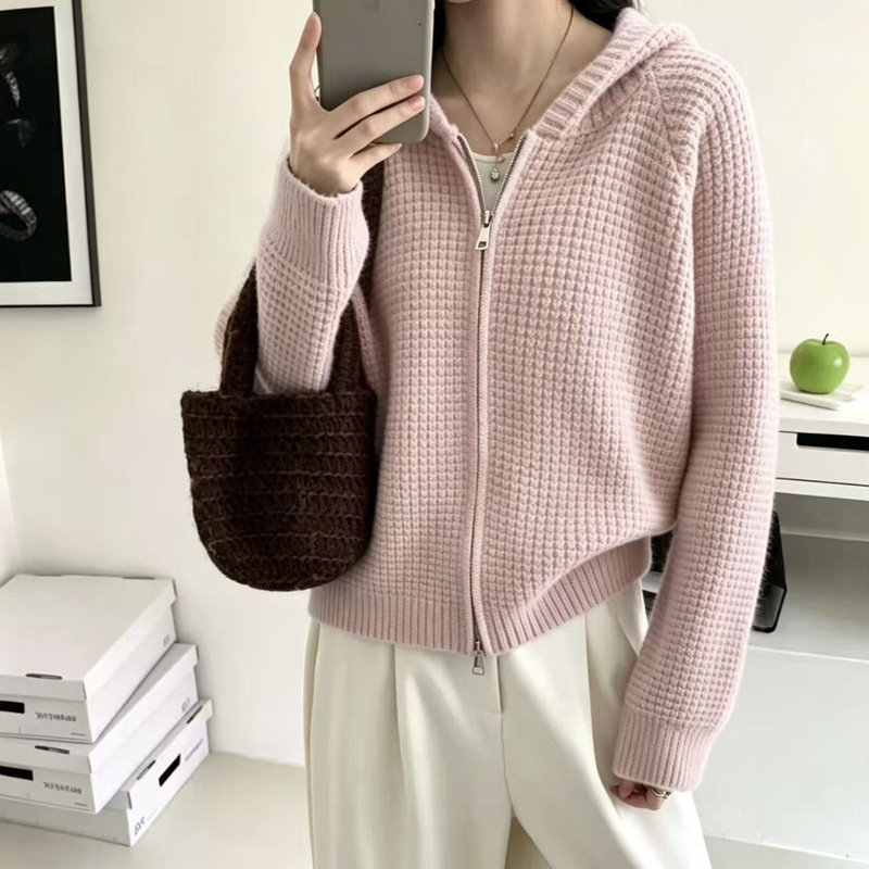 Double Zip Hooded Knit Cardigan Korean Style New Hooded Waffle Texture Cardigan for Women Double Zip Hooded Knit Cardigan Korean Style New Hooded Waffle Texture Cardigan for Women