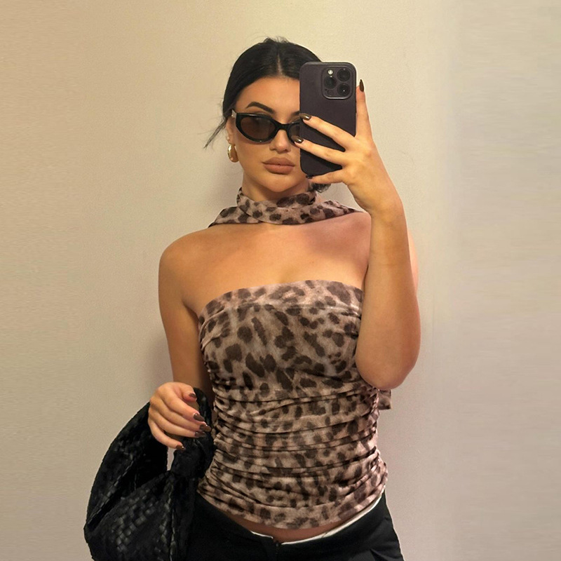 European and American Cross-Border Women's New Leopard Print Hot Girl Pure Lust Style One-Shoulder Tube Top Slimming Vest for Women
