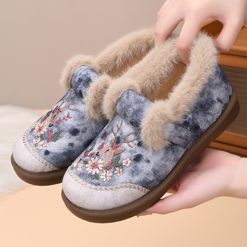 Women's Cotton Shoes 2025 Winter New Warm Non-Slip Middle-Aged and Elderly Mom Shoes Soft Sole Slip-On Plush Thickened Embroidered
