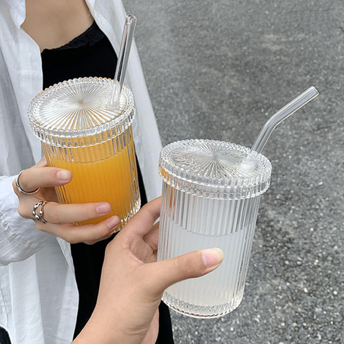 Ins-style striped glass cup with lid and straw, simple water cup for home use, drinking cup, milk cup, breakfast cup