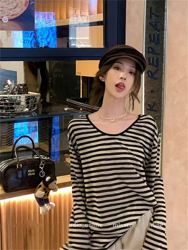 美式复古条纹长袖T恤女2025早秋南油新款时尚宽松百搭女装ins上衣|undefined