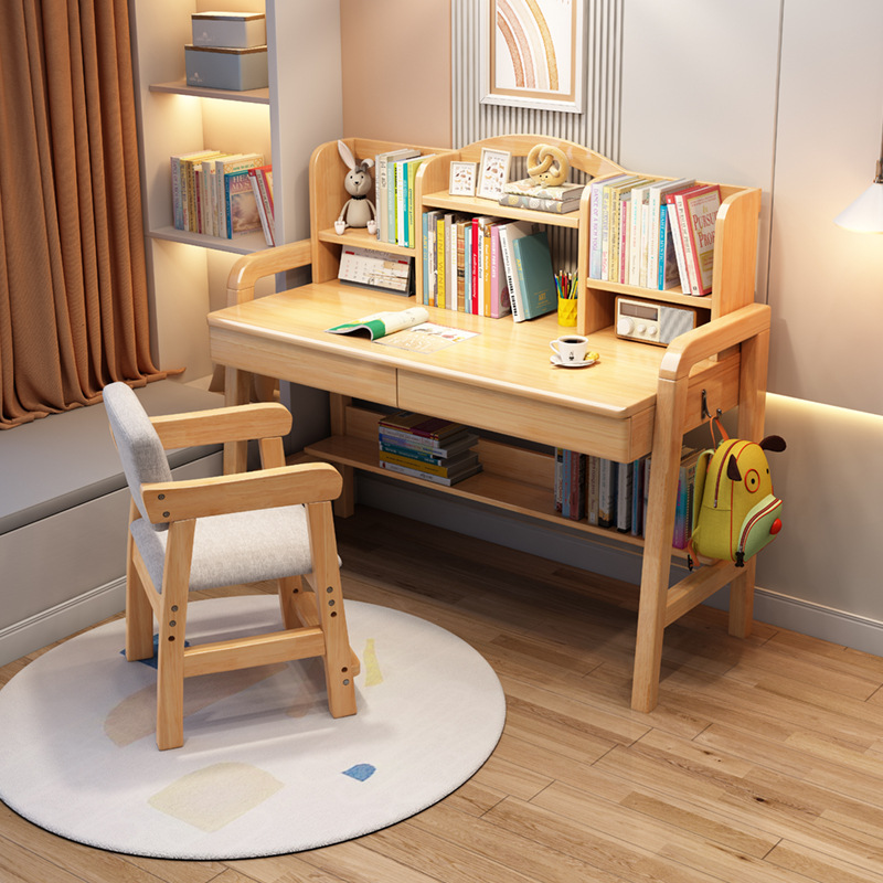 Household Children's Study Table, Primary and Secondary School Students' Bedroom Computer Table, Nordic Simple All-Solid Wood Desk with Integrated Bookshelf