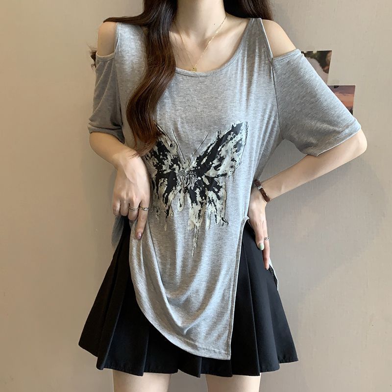 Camiseta de manga corta sin tirantes con estampado de mariposa de gran tamaño para mujer 2024 verano nuevo estilo suelto y delgado top de mm para mujer image 1