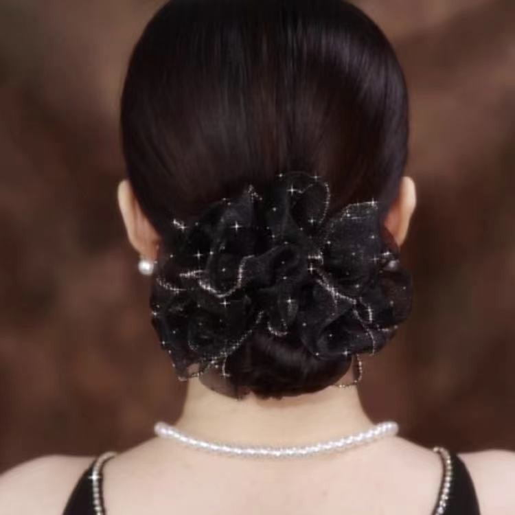 Elástico de cabelo elegante preto com flor e céu estrelado_voghion.com