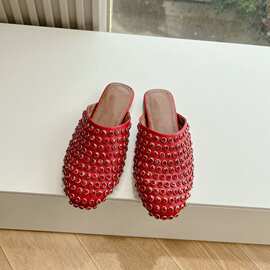 AL高定铆钉水钻圆头时尚走秀拖鞋2024真皮休闲轻奢仙女舞鞋flats