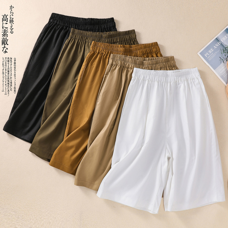 2024 Summer New Cotton plus size Loose Casual Pants Loose Slimming Solid Color Elasticated Waist Cropped Wide-leg Pants for Women