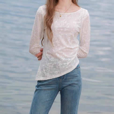 2025 New Autum One-Line Collar Long-Sleeved Lace Shirt Bell-Sleeved Shirt D403Nm10Mz00
