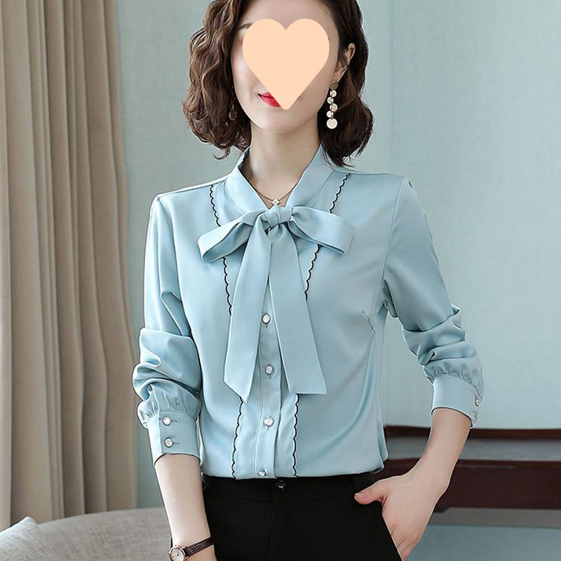 Demi-season solid color base silk shirt with bow