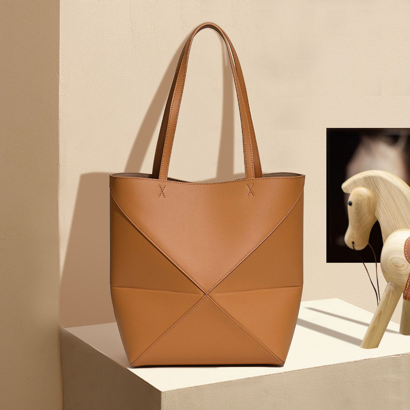 Genuine Leather Bag Women's Cowhide Puzzle Geometric Deformation Tote Bag High-End Large-Capacity Commuter Satchel Shoulder Bag