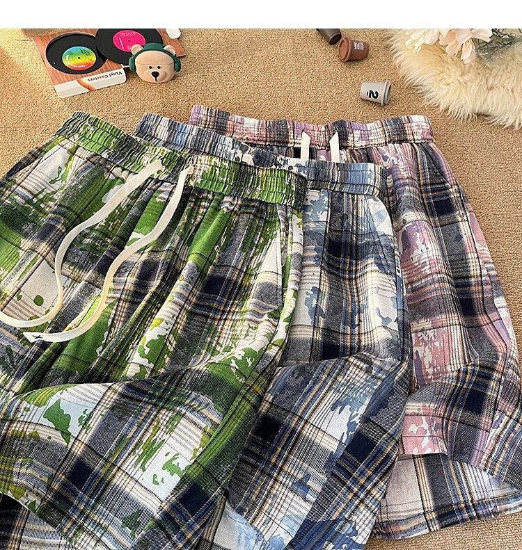 Men's And Women's Tie Dye Plaid High Waist Street Style Shorts Casual Retro Straight Five Point Beach Outerwear_viptrois.com