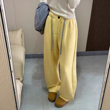 黄色加绒运动裤女宽松直筒秋冬2025新款休闲高腰抽绳阔腿加厚卫裤